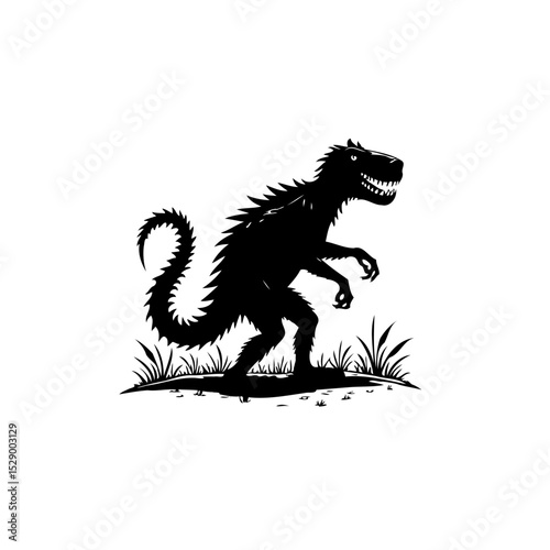 Silhouette of a Dinosaur Standing Tall in a Grassy Field Vector Illustration