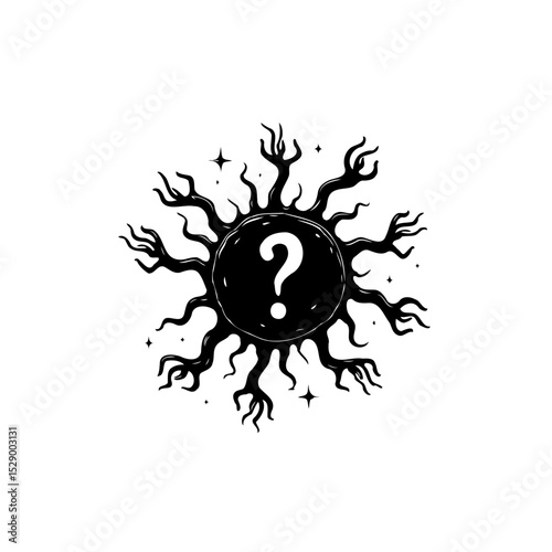 Conceptual illustration of a question mark within a celestial radiating form design