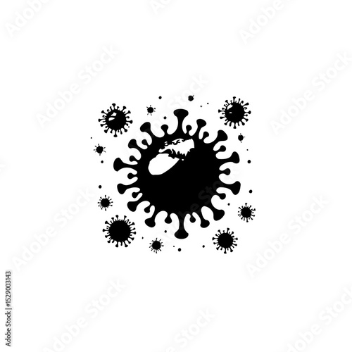 Monochrome representation of the coronavirus with surrounding particles on white background