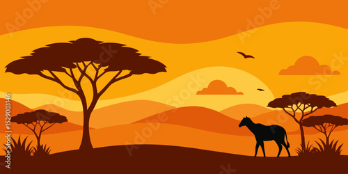 Vast Savannah Landscape Background with Dry Grass and Distant Trees Vector Illustration