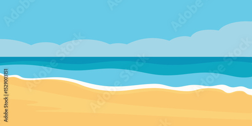Serene Sea Beach Landscape Background with Clear Water and Sandy Shore Vector Illustration