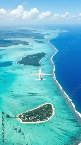 Stunning aerial view of a tropical island surrounded by turquoise waters and coral reefs, as a white aircraft glides overhead. A serene paradise perfect for travel, escape, and exploration