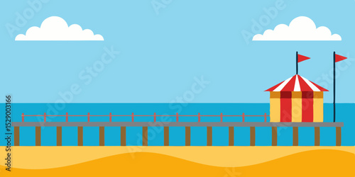 Lively Seaside Boardwalk Scene Background with Ocean View Vector Illustration