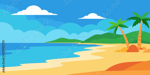 Tranquil Secluded Beach Landscape Background with Calm Water and White Sand Vector Illustration