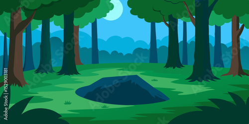 Tranquil Secluded Forest Glade Landscape Background with Sunlight Vector Illustration