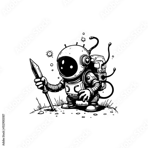 Cartoon Astronaut Explorer with Spear Illustration, Fantasy Space Adventure Theme