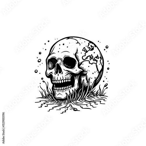 Intricate monochrome skull artwork with earth-like features and melting details