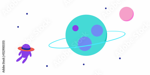 Curious Space Explorer Floating Near Vibrant Neon Colored Planet Vector Illustration Background