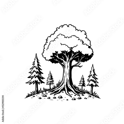 Serene forest scene featuring a large tree and several smaller evergreen trees