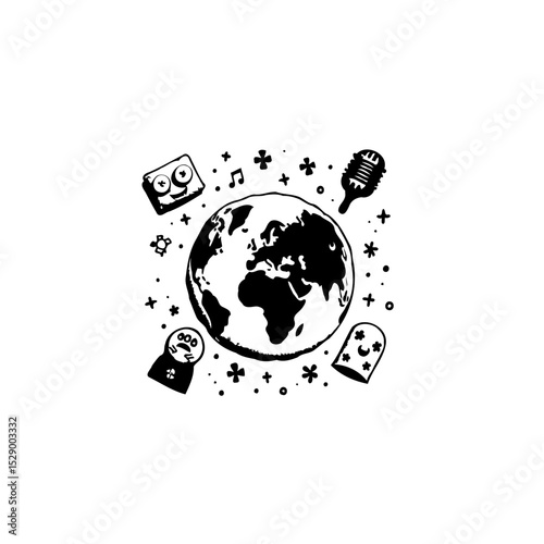 Whimsical global icons: A playful world illustration symbolizing interconnectedness and joy