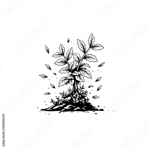 Elegant botanical illustration depicting a thriving plant with falling leaves artfully drawn
