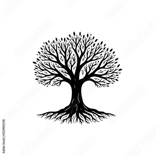 Elegant black and white tree of life illustration representing growth and nature