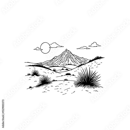 Monochrome landscape illustration of a mountain range with shrubs and cloudscape