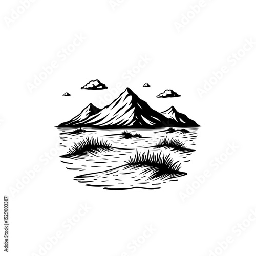 Monochromatic mountain landscape illustration evokes a sense of adventure and serenity