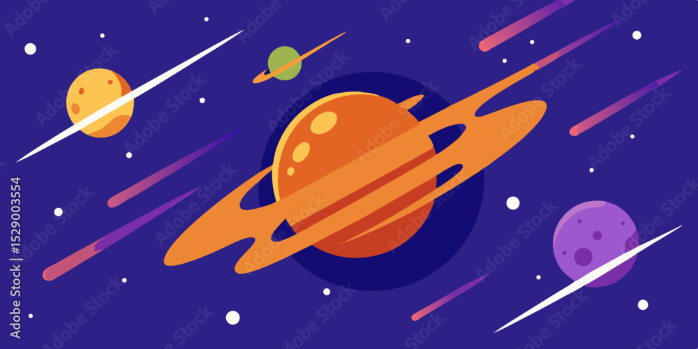 Naklejka premium Spectacular Stylized Meteor Shower Passing Through a Ringed Planet Vector Illustration Background
