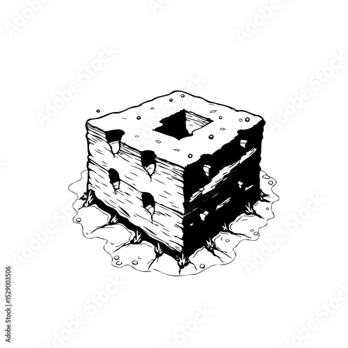 Mysterious Hollow Cube: An Enigmatic Illustration of a Distressed Geometric Form