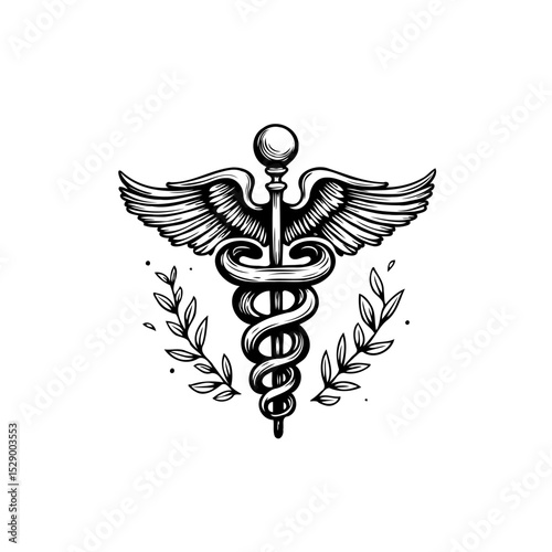 Intricate hand-drawn caduceus symbol with wings and laurel, health-related design