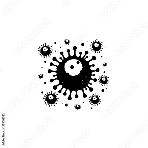 Stylized depiction of virus cells spreading in black and white minimal art