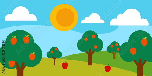 Picturesque Sunny Orchard Landscape Background with Rows of Fruit Trees Vector Illustration