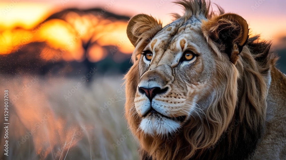 Fototapeta premium Close up portrait of a lion with a golden mane against a blurred sunset background in the savanna .