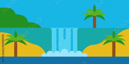 Lush Tropical Waterfall Landscape Background with Vibrant Greenery Vector Illustration