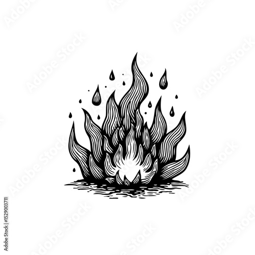Detailed monochrome line art illustration of a stylized fire with dripping elements