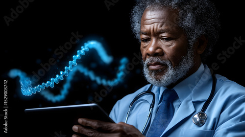 African american doctor using tablet analyzing dna genetic information in healthcare research study
