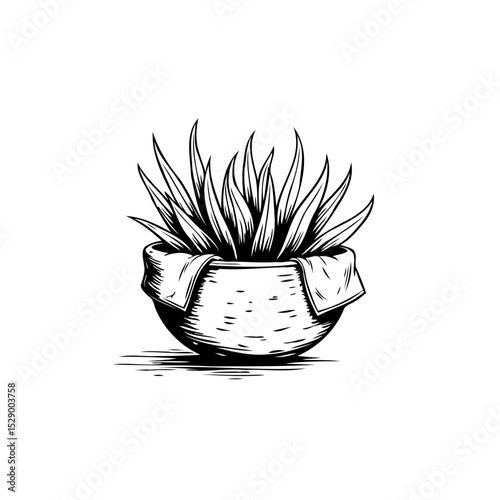 Black and white illustration of a potted plant with a cloth decoration around it