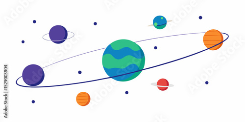 Detailed Vector Planet System with Clear Orbit Paths and Stars Vector Illustration Background