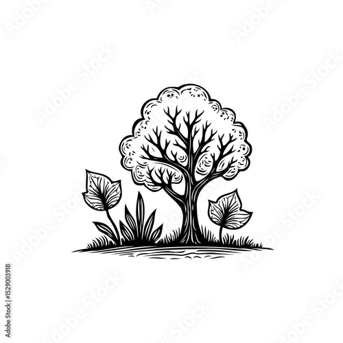 Monochrome Tree Illustration: A Nature-Inspired Design with Lush Leaves and Ground