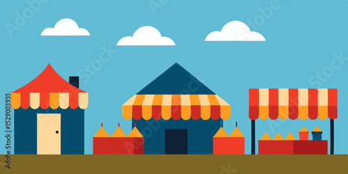 Lively Village Market Scene Background with People and Stalls Vector Illustration