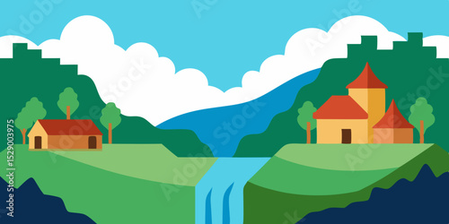 Picturesque Village Near Waterfall Landscape Background with Lush Greenery Vector Illustration