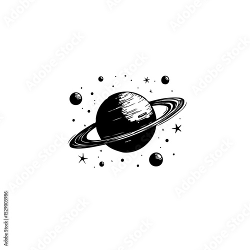 Saturn and stars in simple black and white illustration minimal line art style