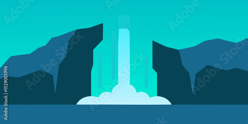Mysterious Waterfall Cave Underground Background with Flowing Water Vector Illustration