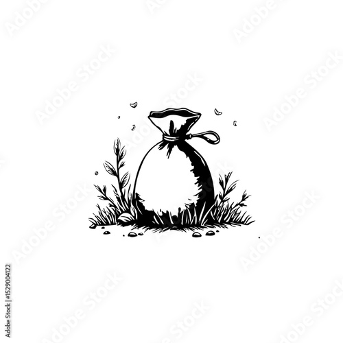 Elegant minimalist illustration of a tied bag amidst plants, conveying simplicity and nature