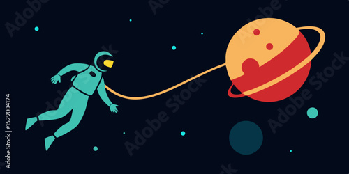 Intrepid Astronaut Silhouette Drifting Toward a Ringed Planet Vector Illustration Background