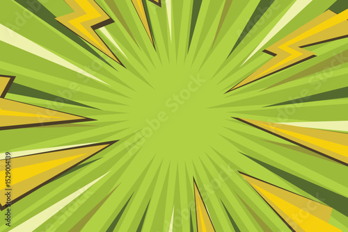 Pop art radial colorful comics book magazine cover. Striped color digital background with thunder flash. Cartoon funny retro pattern strip mock up. Vector halftone illustration. Sunburst shape.