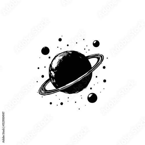 Elegant Black and White Space Illustration of Planet Saturn with Rings and Stars