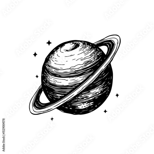 Saturn illustration with rings surrounded by stars creating an astronomical ambiance
