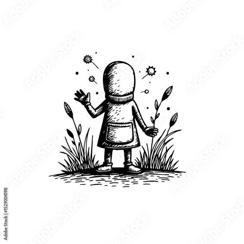 Hand-Drawn Illustration of a Person Suffering from Allergies Surrounded by Pollen