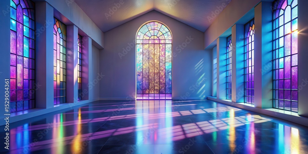 Obraz premium Serene Interior with Vibrant Stained Glass Windows Casting Colorful Reflections on Polished Floor
