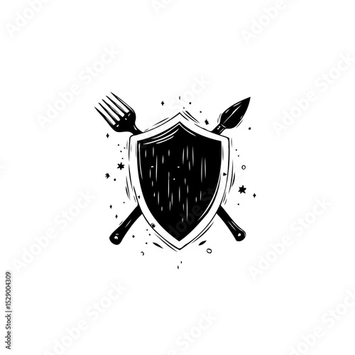 Culinary defense: Stylized shield emblem with a fork and spear for food protection