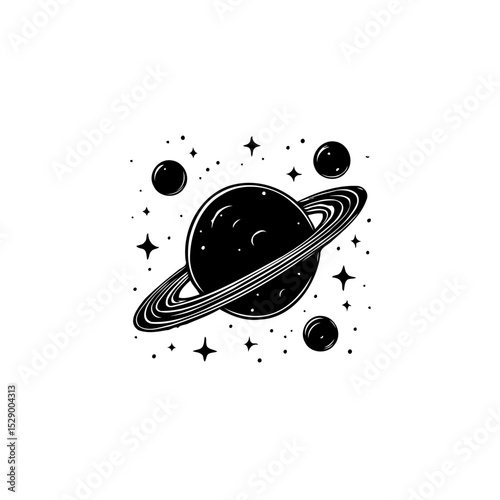 Monochrome depiction of saturn with rings surrounded by moons and starfield