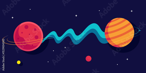 Dynamic Bright Energy Wave Traveling Through Space Past Orbiting Planets Vector Illustration