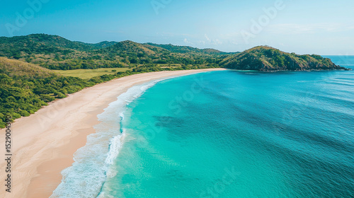 Aerial View of Pristine Beach with Turquoise Water and Lush Green Hills Under Clear Sky, Showcasing Natural Beauty of Coastline and Creating Serene and Inviting Atmosphere