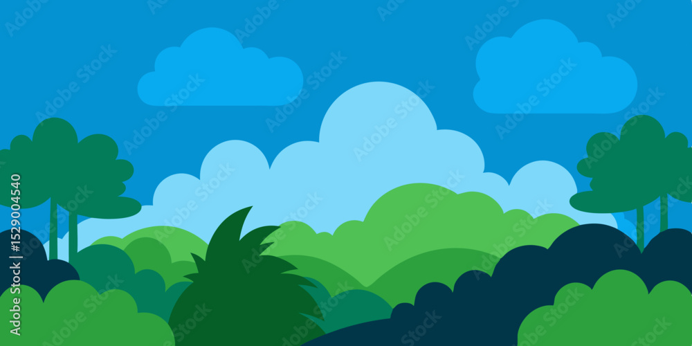 Fototapeta premium Mysterious Cloud Forest Landscape Background with Mist and Lush Greenery Vector Illustration