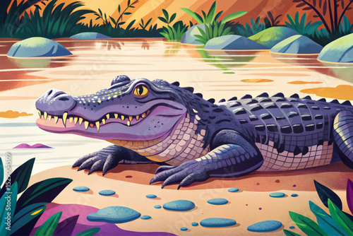 crocodile sunbathing on a muddy riverbank perfect for wildlife scenes, jungle environments, educational content, and tropical nature illustrations