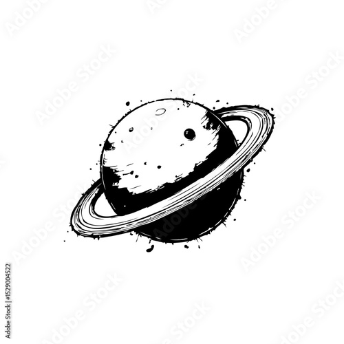Saturn illustration with rings, cosmic design with textured black and white effect
