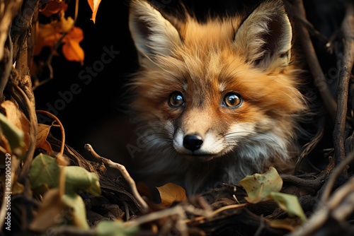 Wallpaper Mural A close-up of a fox peeking from its den, with fluffy fur and expressive eyes, capturing the essence of wildlife's beauty and the charm of nature's intricacies. Torontodigital.ca