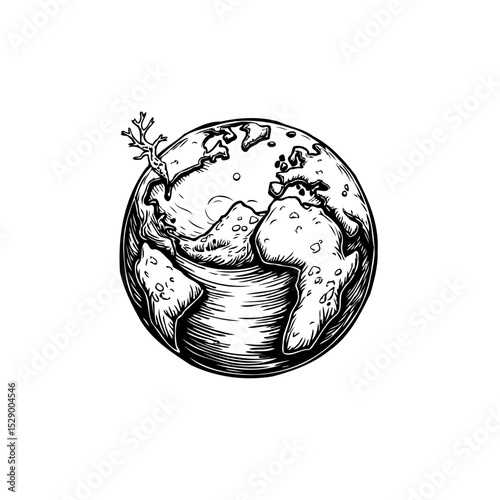 Monochrome earth illustration depicting environmental concern and fragility of nature